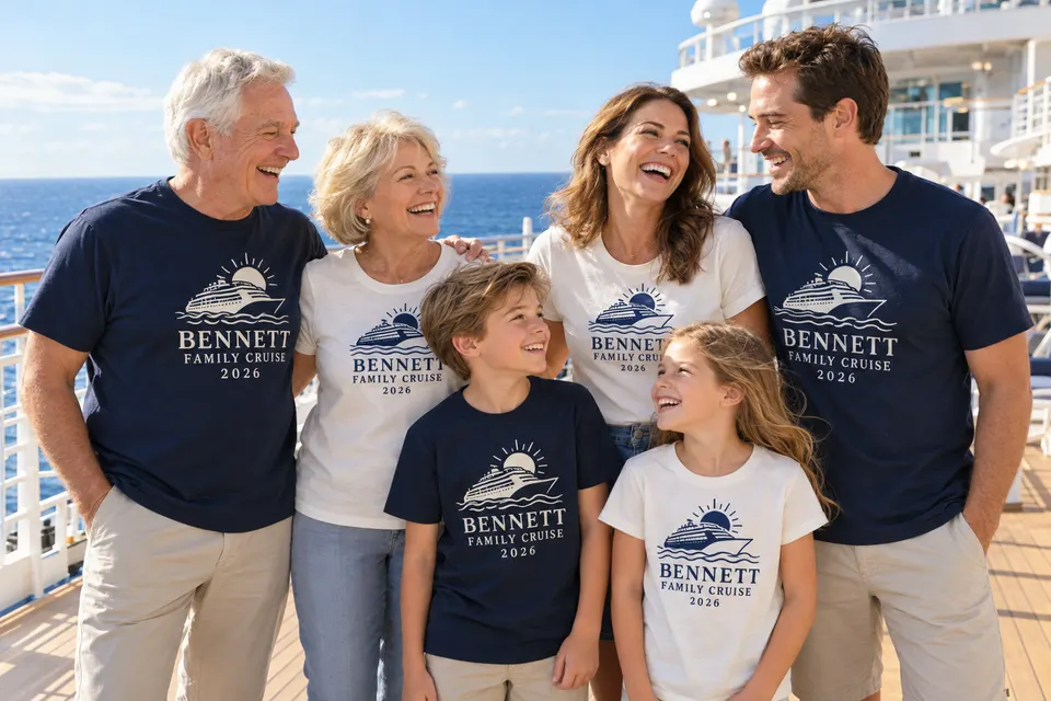 Family on a cruise ship wearing matching Bennett Family Cruise 2026 T-shirts