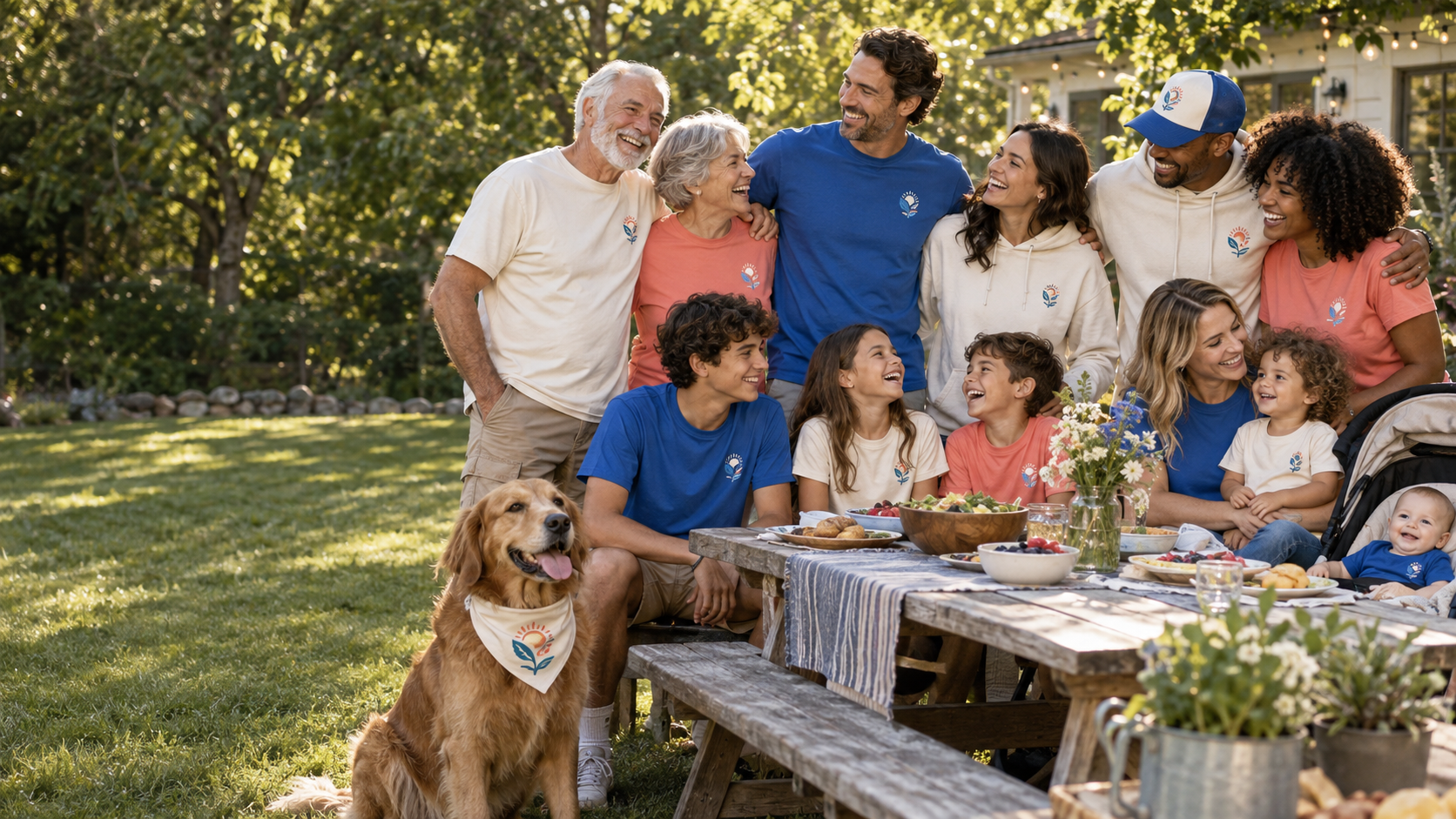 Multi-generation family in coordinated reunion apparel at a backyard gathering