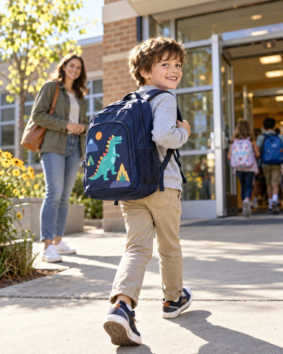 Grade School student carrying a funny backpack