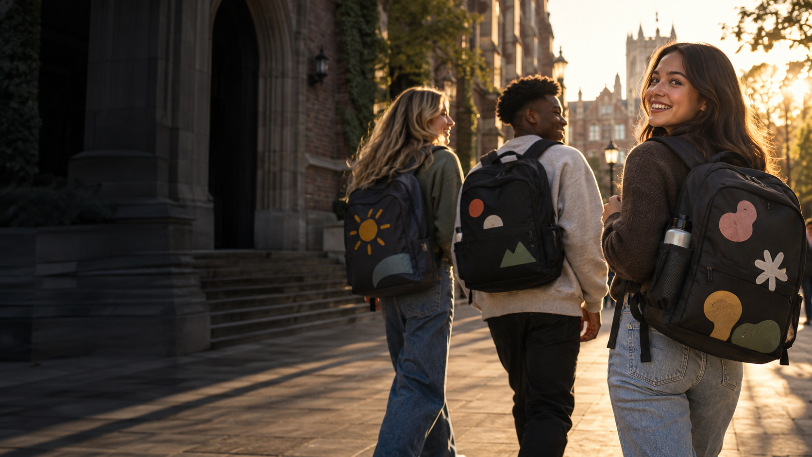 College students carrying graphic backpacks near campus