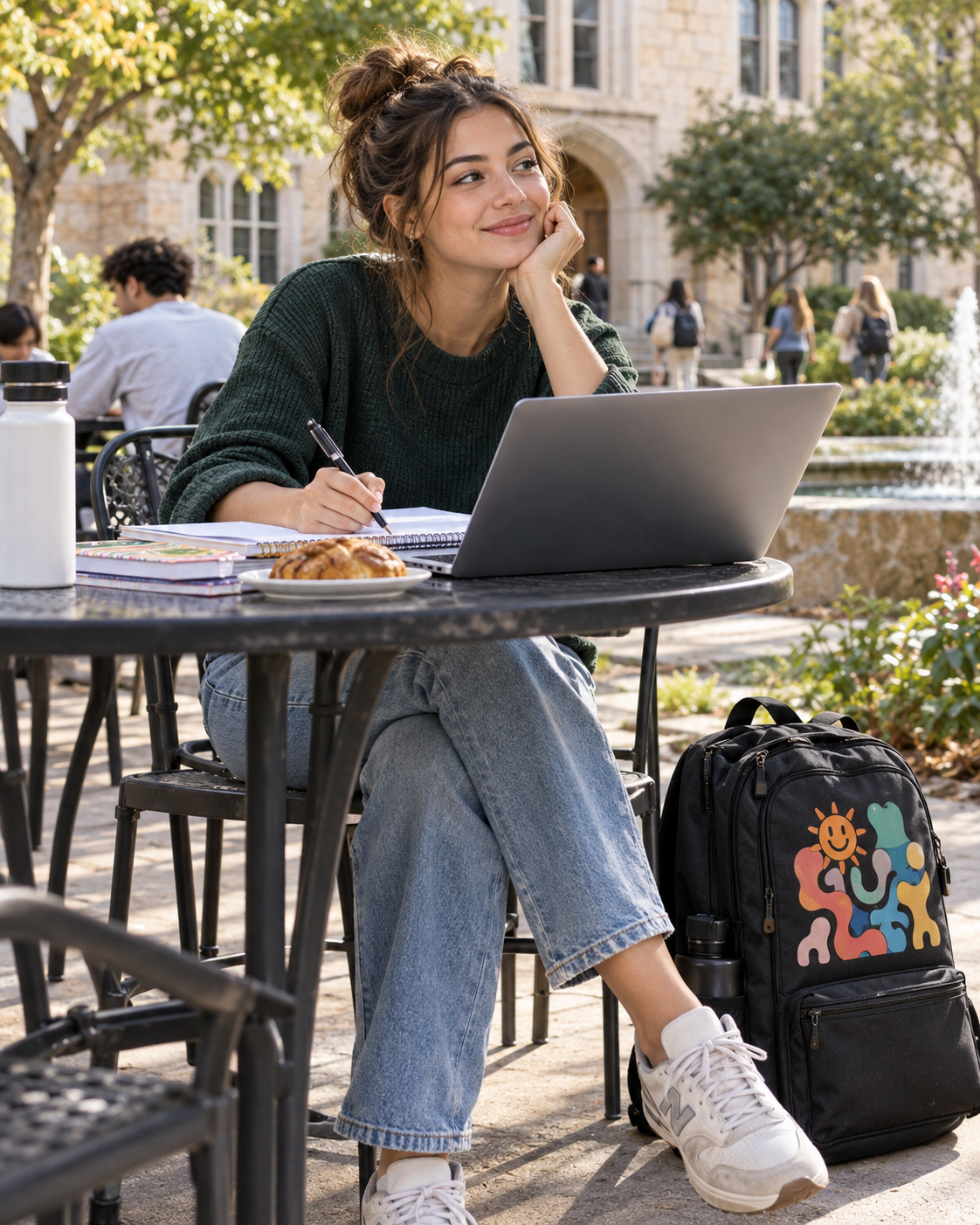 College student carrying a funny backpack