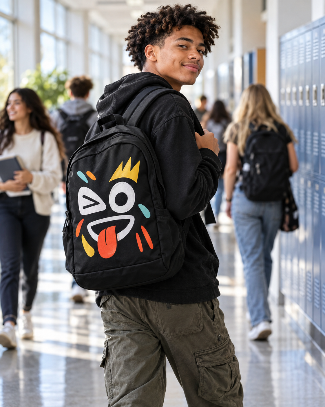 High School student carrying a funny backpack