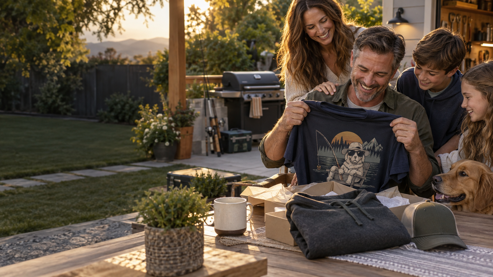 Family giving dad a funny graphic shirt and cozy gift layers in the backyard