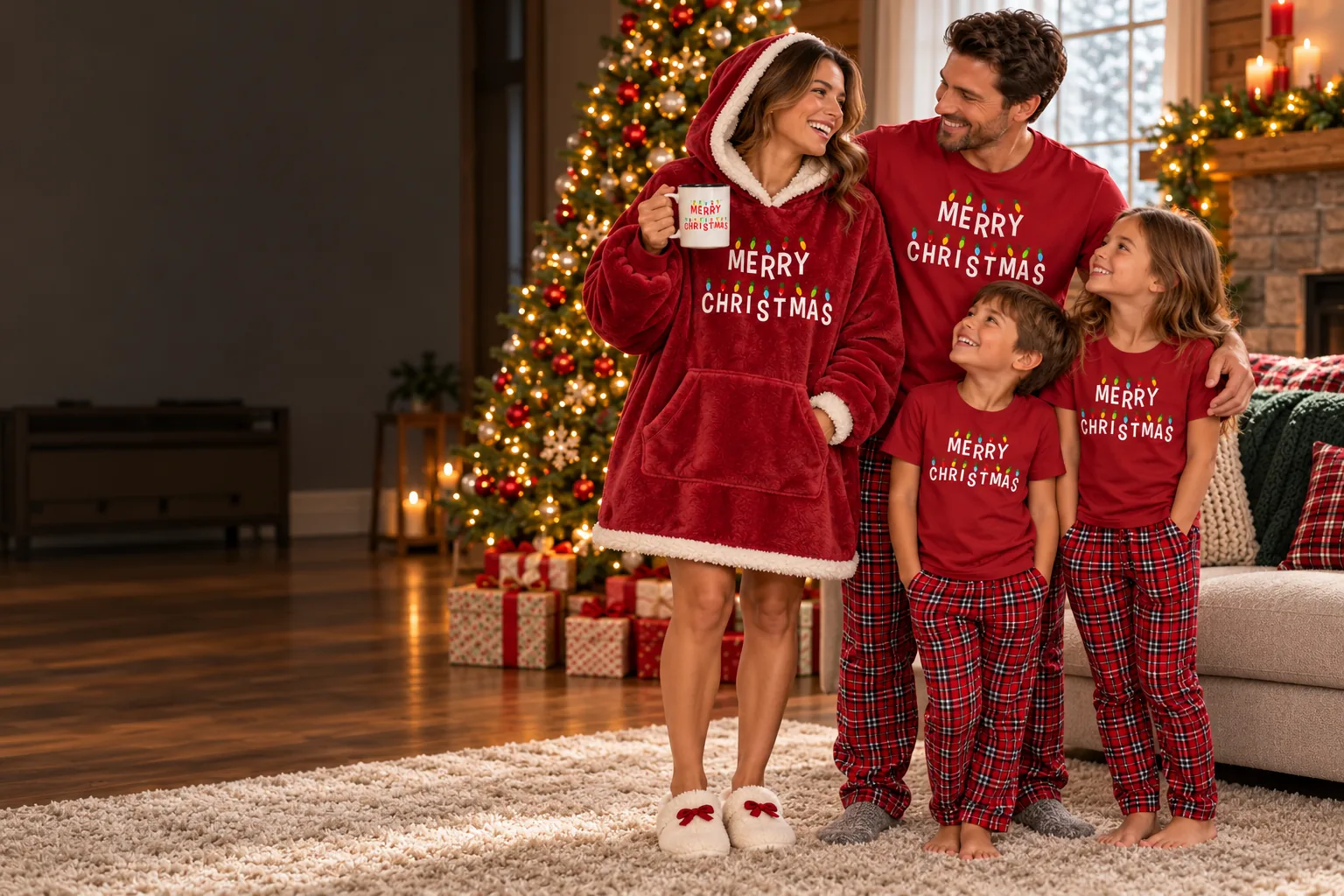 Family in Merry Christmas Lights apparel: a woman in a red hoodie blanket holding a cocoa mug, with her husband and two children in red plaid pajama sets