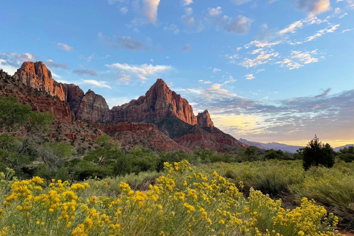 The Watchman and red sandstone cliffs in Zion