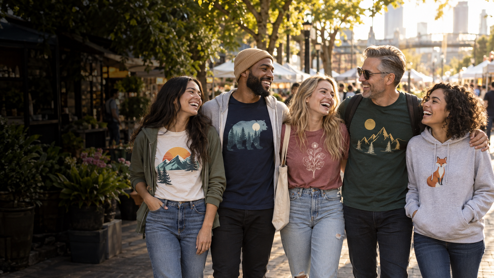 Friends wearing a variety of graphic shirts and hoodies at an outdoor market