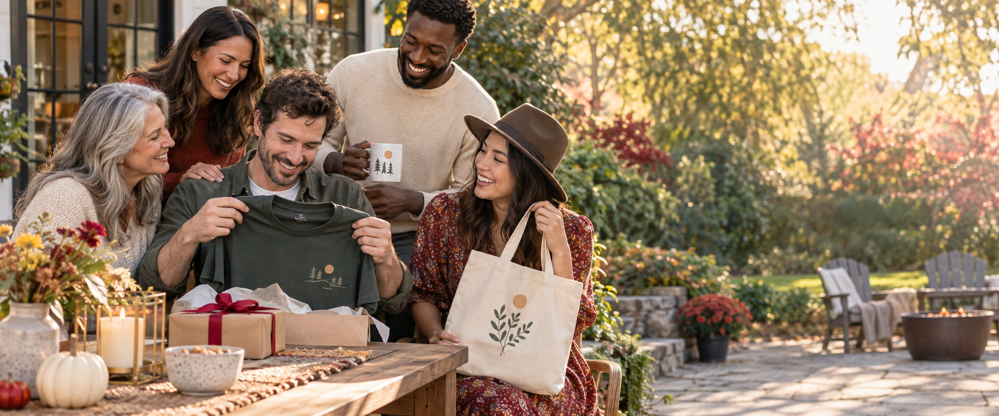 Family and friends sharing a graphic shirt, coffee mug and tote bag at a backyard gift gathering