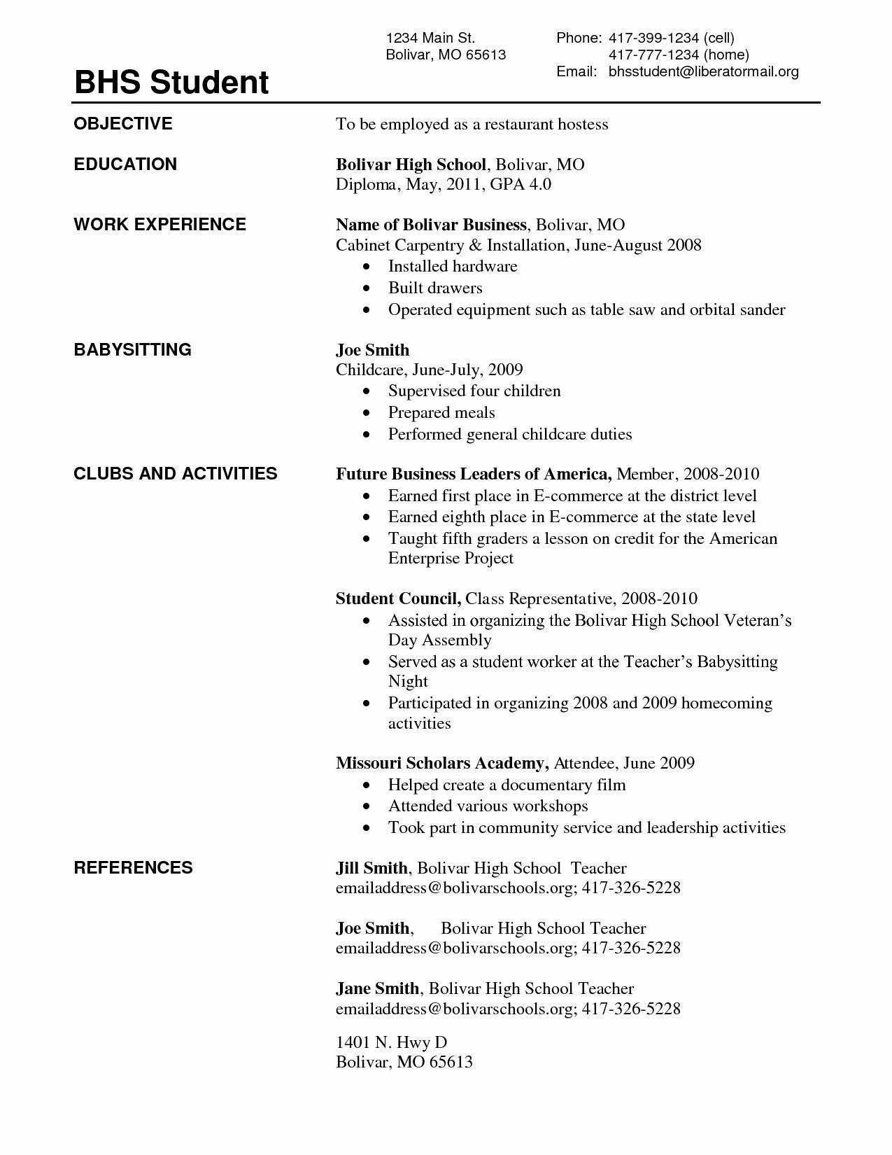 High School Student Resume Samples With No Work Experience - Good