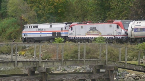 October 14, 2017
The tail end of the Autumn Express is seen blowing by Milton on CSX's River Subdivision with a specially painted Amtrak ACS-64 642 (Honoring our Veterans) and Amtrak P42DC 145, painted in special Amtrak Phase III heritage paint. A rare sighting for the River Subdivision!