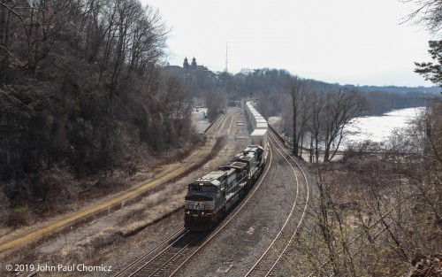 An eastbound intermodal passes over the old LV station,  in Easton, before crossing the Delaware River, into Jersey.