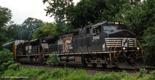 The NS 9666 appears slightly charred, as it leads an eastbound near Easton.