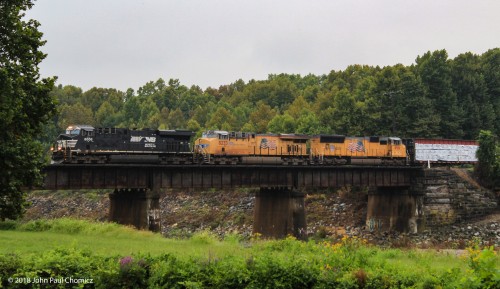 A NS mixed freight crosses over the Lehigh River, into Allentown Yard.