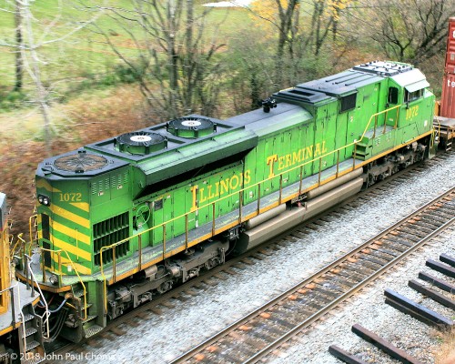 The Illinois Terminal unit trailing, as it passes through Newark, on a Croxton bound intermodal train.