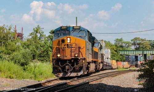 A CSX southbound intermodal passes through Jersey City.