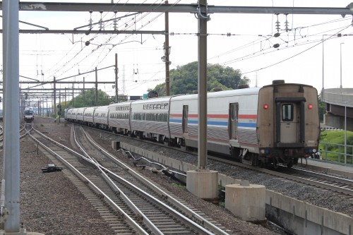 Amtrak Train 91, The Silver Star, is running about four hours late as it bypasses Secaucus Station at 4:05pm. The last car is Amtrak's first Viewliner II Baggage Car, 61000.