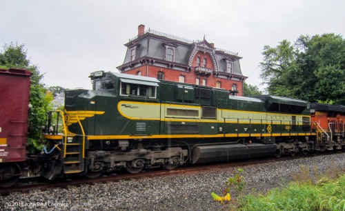 The NS Erie Unit was trailing unit on a CSX oil train, on the ex-Reading (now CSX) West Trenton Line, past the architecturally elegant  Hopewell Station.