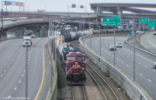 A northbound CP ethanol train waits for a signal, in Albany.