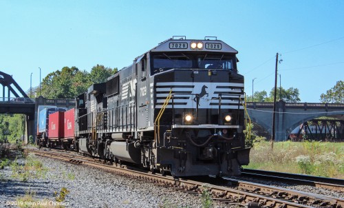 After making a slight detour off the Lehigh Line, through Allentown Yard, a Croxton bound intermodal train crosses the river and back onto the Lehigh Line.