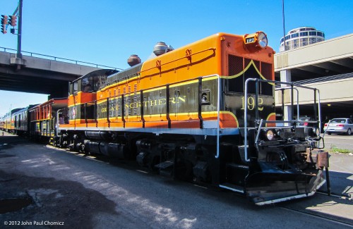 The Great Northern #: 192, an EMD NW5, leads an excursion out of the Lake Superior Railroad Museum, in Duluth, Minnesota.