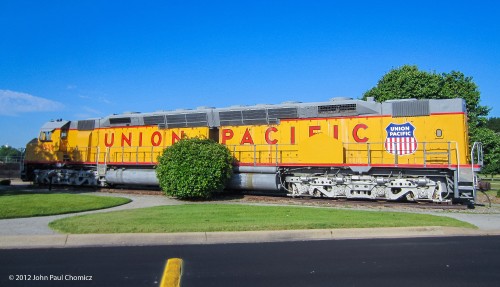 The Union Pacific #: 6938, one of the remaining few EMD DDA40X units, the largest and most powerful diesel units. Here, it is on display at the Union Pacific's Jenks Shop in North Little Rock, Arkansas.