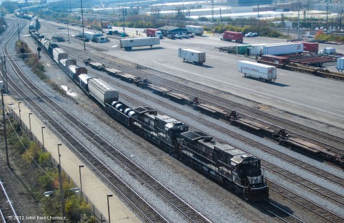 This NS mixed freight is passing through Queensgate Yard, in Cincinnati, as seen from Tower A, which controlled the train operations of the yard and the Union Station trackage.