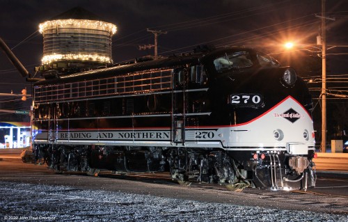 The Ex-NS F9A unit #: 270 sits, on display, with its new paint job for the Reading, Blue Mountain, and Northern Railroad, at Reading Outer Station.