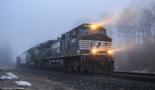 An eastbound mixed freight emerges through the fog in Wyomissing, PA.