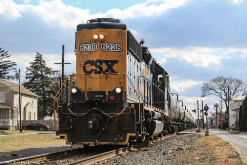 The relatively new Paulsboro local, WPPA-63 is headed north, through Gloucester City, NJ with crude oil empties bound for Pavonia Yard in Camden.