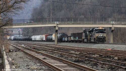 A mixed freight heads eastbound through Johnstown, PA.