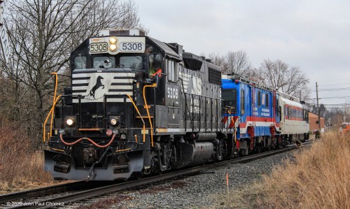 An FRA inspection train was sent down the Penns Grove Secondary to inspect the newly installed wye for the Port of Paulsboro. Here, it is seen in West Deptford, NJ as it heads south to its destination at Gibbstown.