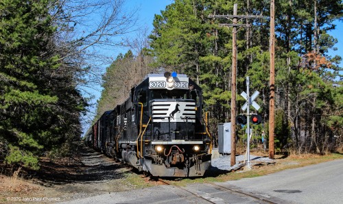 The Beesley's Point Secondary runs through a mostly rural area of New Jersey. Due to its remoteness, it is possible to see some of the original infrastructure still intact. In this case, it is the telegraph poles that are still intact, and in some areas, the original wiring is still hanging, though they have been cut. The presence of the Pine Barrens is also more evident, in this photo, as the Camden local crosses a road in Newtonville, NJ.