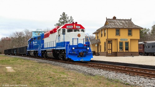 The CMSL units pass the Tuckahoe Station, as they pull four gondolas back north towards Tuckahoe Junction.  The railroad took great pains to ensure that these cars remained on the north end, as they were going to be departing with the CSX power that will arrive with the tank train.