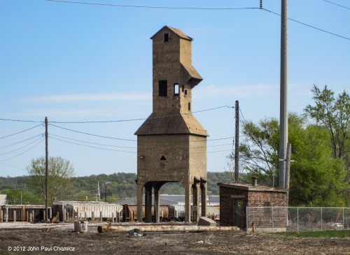 A relic from the past that still stands is this ex-Illinois Central coaling tower in the old Illinois Central, now UP, Council Bluffs North Yard.