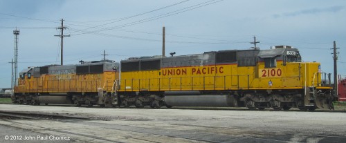 A pair of SD60s rest in the massive Union Pacific yard in Council Bluffs, Iowa. This is the yard that started it all and was the easternmost site from which the first transcontinental railroad began.