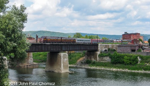 The Pennsy E8s cross over the Chenango River, as they depart Binghamton, to points west, on the Southern Tier. This is as far as we chased the E8 units during the Great E8 Chase of 2011.