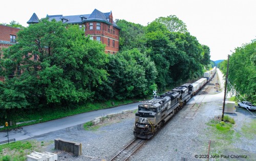 The only thing missing, from this scene, is the NS Lehigh Valley heritage unit. An eastbound intermodal train passes by the old Lehigh Valley RR headquarters while on the old Lehigh Valley Main Line, which is now used as a belt line to by-pass Allentown Yard.