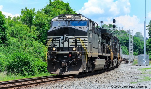 A Norfolk Southern westbound intermodal train passes over the ex-Lehigh Valley RR Station in Easton, PA.