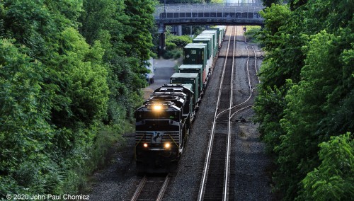 Shortly after the RVL train passed, this NS eastbound intermodal train appeared from under the Central Avenue Bridge, near Weequahic Park, in Newark, NJ.