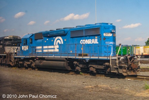 This ex-Conrail SD40-2 sits in Harrisburg Intermodal Terminal, in its Conrail scheme but renumbered with NS numbers. The picture is a bit blurred because it was taken from the window of the Amtrak Pennsylvanian, enroute to Pittsburgh.