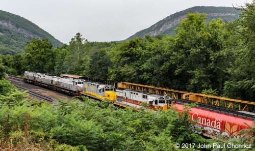 In a scene that was once common, Delaware and Lackawanna train #: PT-98 is about to depart Slateford Yard after picking up the interchange cars from NS.