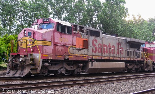 With it's paint looking a bit shoddy, BNSF #: 950 still wears it's original Santa Fe Warbonnet paint scheme, while idling with an intermodal train, in Seattle, WA. While it's a rare treat to see one, in the Northeast, they're actually quite common in the Seattle area.