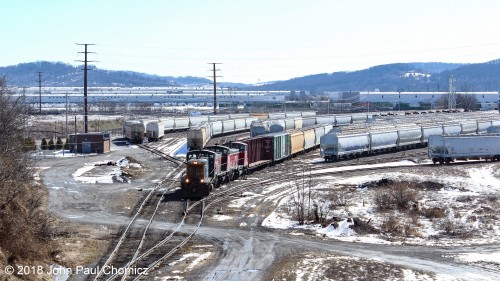 PB&NE, now Lehigh Valley Rail Management, drills out the cars in the ex-Reading Saucon Yard, in Bethlehem, Pennsylvania.