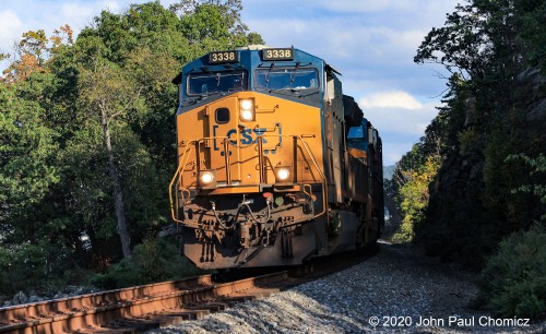 Another northbound CSX mixed freight comes through the rock cuts along the River Line, in Tomkins Cove, NY.