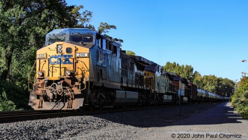 A CSX K-Train waits to proceed south down the National Docks Secondary, in Jersey City, NJ.