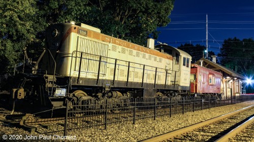 The NYS&W Alco S-2 #: 206 sits on display with Caboose #: 24542 at the Maywood Sation Museum, on this beautiful warm night in Maywood, NJ.