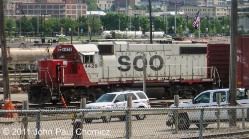 A little too much in the foreground but here's CP GP38-2 #: 4429, still in its SOO colors, sitting in Muskego Yard, in Milwaukee, Wisconsin.