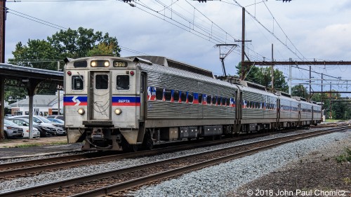 A SEPTA train approaches the platform at West Trenton Station  to pick up passengers bound for Philadelphia.