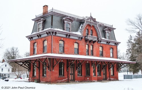 The beautiful mansard roof of the old, Reading Railroad Hopewell Station is adorned with icicles on this frigid morning in Hopewell, NJ.