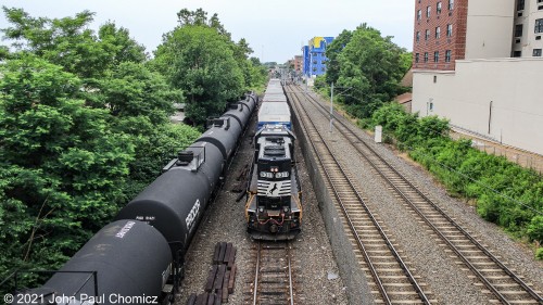 Another day, another YPBA-27 at work. This time, the local is performing its usual shove southbound into the yard with a string of high cube boxcars and a splat. The usual power for this job is the NS #: 5311, which seems to be a regular on this local. I was fortunate enough, on these days, to have overcast and cloudy skies, as this south facing location is not conducive to good photography due to the sun position being directly in your face. Even the view to the north can be tricky as the tracks are in a cut surrounded by dense trees which can cause shadows depending on how low the sun is in the sky.