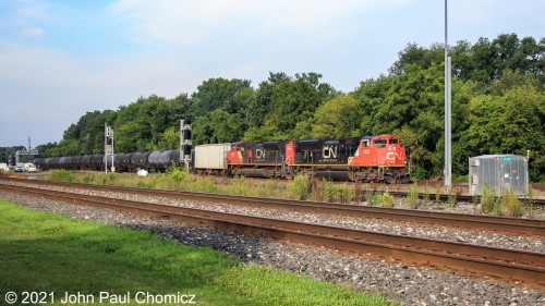 Led by two CN units, an eastbound tank train passes through Berea, OH on the Chicago Line.